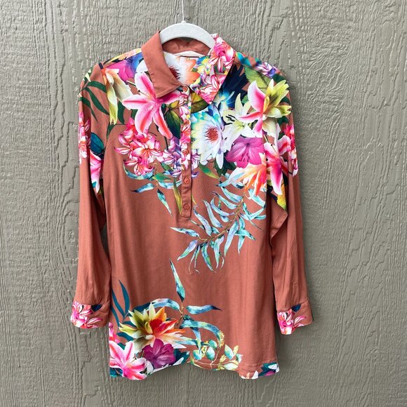 Soft Surroundings XS Tunic Tropical Floral Blouse 1/4 Button Down Collared Brown - Picture 1 of 8